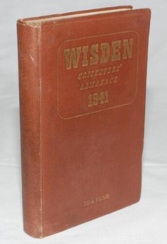 Wisden Cricketers' Almanack 1941. 78th edition. Original hardback. Only 800 hardback copies were printed in this war year. Some wear to boards and spine, bumping to board edge and corners, total loss of gilt titles to spine paper, minor breaking to front 