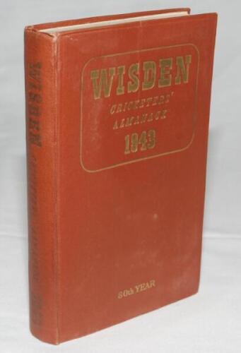Wisden Cricketers' Almanack 1943. 80th edition. Original hardback. Only 1400 hardback copies were printed in this war year. Some wear and minor staining to boards, minor light creasing to top of front board, dulling to gilt titles on spine paper, some pag