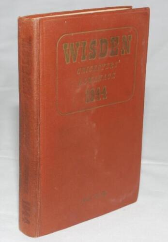 Wisden Cricketers' Almanack 1944. 81st edition. Original hardback. Only 1500 hardback copies were printed in this war year. Some wear and minor staining to boards, total loss of gilt titles to spine paper, some pages a little wrinkled internally due to ol