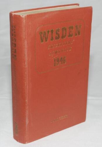 Wisden Cricketers' Almanack 1946. 83rd edition. Original hardback. Only 1500 hardback copies were printed in this war year. Dulling to gilt titles to spine paper, some pages a little wrinkled to top of pages internally due to old damp staining otherwise i