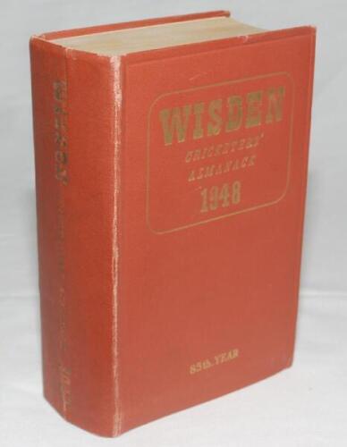 Wisden Cricketers' Almanack 1948. Original hardback. Minor wear and light stain to boards and extremities, some dulling to gilt titles on the front board and spine paper, light crease to spine paper, usual browning to pages otherwise in good condition - c