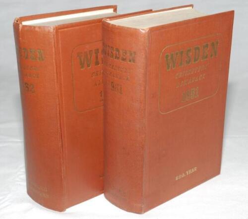 Wisden Cricketers' Almanack 1951 and 1952. Original hardbacks. The 1951 edition with some dulling to gilt titles on the spine paper, very light stain marks to boards otherwise in good/very good condition. The 1952 edition with broken front and rear intern