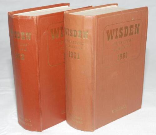 Wisden Cricketers' Almanack 1961 and 1962. Original hardbacks. The 1961 edition with slight dulling to the gilt titles on the front board, wrinkling and light folds to the spine paper, slight wear to front internal hinge. The 1962 edition with some minor 