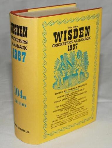 Wisden Cricketers' Almanack 1967. Original hardback with dustwrapper. Very slight age toning to dustwrapper spine otherwise in good/very good condition - cricket