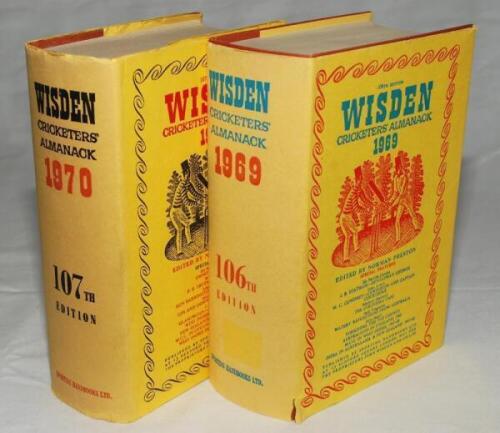 Wisden Cricketers' Almanack 1969 and 1970. Original hardbacks with dustwrapper. The 1969 edition ex libris, nick to base of dustwrapper near to spine, Slight age toning to the dustwrapper spines of both editions otherwise in good/very good condition - cri