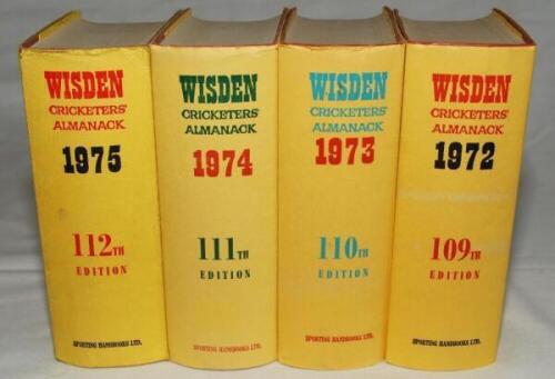 Wisden Cricketers' Almanack 1972 to 1975. Original hardbacks with dustwrapper. Odd faults, the 1972 edition appears to be ex-libris, nicks to odd dustwrapper otherwise in good condition - cricket