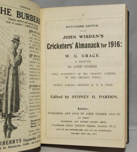 Wisden Cricketers' Almanack 1916. 53rd edition. Bound in green boards, lacking original wrappers, titles in gilt to spine. Very good condition. Rare war-time edition - cricket