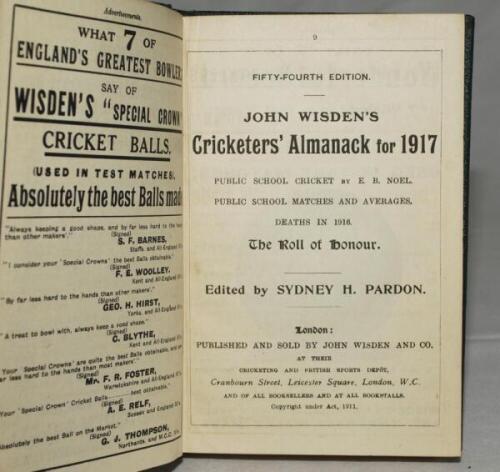 Wisden Cricketers' Almanack 1917. 54th edition. Bound in green boards, lacking original wrappers, titles in gilt to spine. Very good condition. Rare war-time edition - cricket