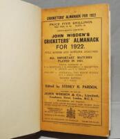 Wisden Cricketers' Almanack 1922. 59th edition. Bound in dark brown boards, with original wrappers, titles in gilt to spine. Minor soiling and age toning to wrappers otherwise in good condition - cricket
