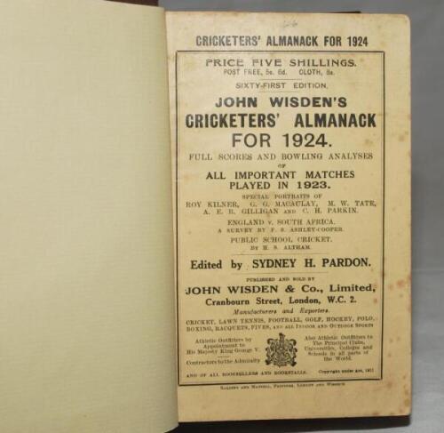 Wisden Cricketers' Almanack 1924. 61st edition. Bound in dark brown boards, with original wrappers, titles in gilt to spine. Minor foxing to wrappers otherwise in good/very good condition - cricket