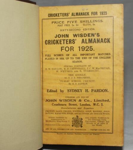 Wisden Cricketers' Almanack 1925. 62nd edition. Bound in dark brown boards, with original wrappers, titles in gilt to spine. Minor soiling to wrappers otherwise in good condition - cricket