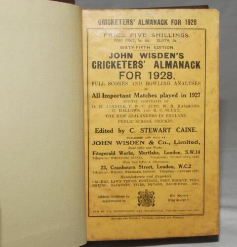 Wisden Cricketers' Almanack 1928. 65th edition. Bound in dark brown boards, with original wrappers, titles in gilt to spine. Minor soiling to wrappers otherwise in good/very good condition - cricket