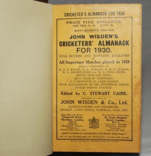 Wisden Cricketers' Almanack 1930. 67th edition. Bound in dark brown boards, with original wrappers, titles in gilt to spine. Very minor soiling to wrappers otherwise in good/very good condition - cricket