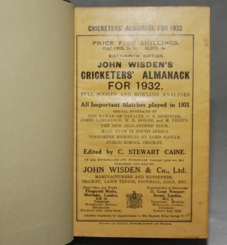 Wisden Cricketers' Almanack 1932. 69th edition. Bound in dark brown boards, with original wrappers, titles in gilt to spine. Minor soiling to wrappers, slight staining to page block edge otherwise in good/very good condition - cricket