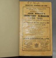 Wisden Cricketers' Almanack 1933. 70th edition. Bound in dark brown boards, with original wrappers, titles in gilt to spine. Some wear, age toning and soiling to wrappers, handwritten name of ownership to top border of front wrapper, otherwise in good co