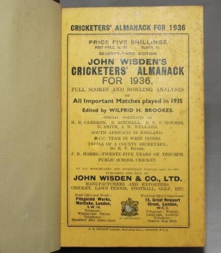 Wisden Cricketers' Almanack 1936. 73rd edition. Bound in dark brown boards, with original wrappers, titles in gilt to spine. Minor soiling and light foxing to wrappers, slight staining to page block edge otherwise in good/very good condition - cricket