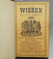 Wisden Cricketers' Almanack 1938. 75th edition. Bound in dark brown boards, with original cloth covers, titles in gilt to spine. Some age toning and wear to covers, name stamped to top border of page 3 otherwise in good condition - cricket