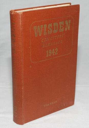 Wisden Cricketers' Almanack 1942. 79th edition. Original hardback. Only 900 hardback copies were printed in this war year. Slight dulling to gilt titles on front board and spine, slight wear to front internal hinge otherwise in good/very good condition. R