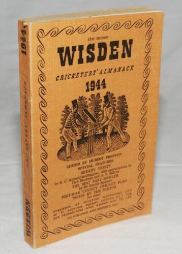 Wisden Cricketers' Almanack 1944. 81st Edition. Original limp cloth covers. Only 5600 paper copies printed in this war year. Very good condition. Rare war-time edition - cricket