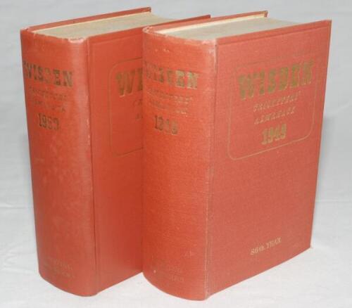 Wisden Cricketers' Almanack 1949 and 1950. Original hardback editions. The 1949 edition with breaking and broken internal hinges to front and rear, the 1950 edition in good condition, dulling to gilt titles on spine paper on both editions otherwise in goo