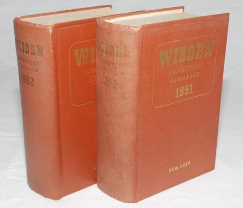 Wisden Cricketers' Almanack 1951 and 1952. Original hardback editions. The 1951 edition with broken internal hinges to front and rear, the 1950 edition with wear to front internal hinge otherwise in good condition, dulling to gilt titles on spine paper on