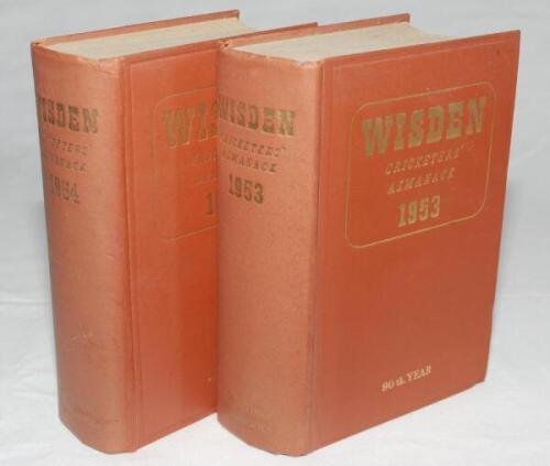 Wisden Cricketers' Almanack 1953 and 1954. Original hardback editions. The 1953 edition with wear to front internal hinge, the 1954 with slight wear to front internal hinge otherwise in good condition, dulling to gilt titles on spine paper and some soilin