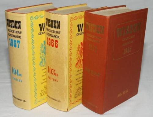 Wisden Cricketers' Almanack 1965, 1966 and 1967. Original hardback editions. The 1965 edition in good condition but lacking its dustwrapper, the 1966 and 1967 editions with dustwrapper. The 1966 edition with wear, age toning and soiling to dustwrapper, th