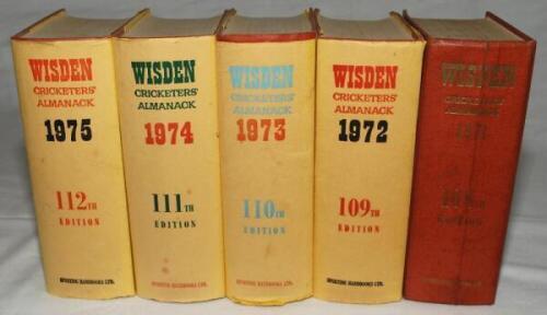 Wisden Cricketers' Almanack 1971 to 1975. Original hardbacks with dustwrapper with the exception of the 1971 edition which is lacking its dustwrapper. The 1971 edition with wear to boards and spine, crease to spine paper and nick to head of spine, soiling