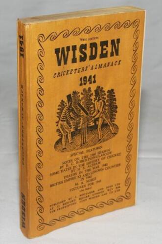 Wisden Cricketers' Almanack 1941. 78th edition. Original limp cloth covers. Only 3200 paper copies printed in this war year. Some wrinkling and slight wear to covers and spine, spine slightly cocked to the left, minor wear to front internal hinge otherwis