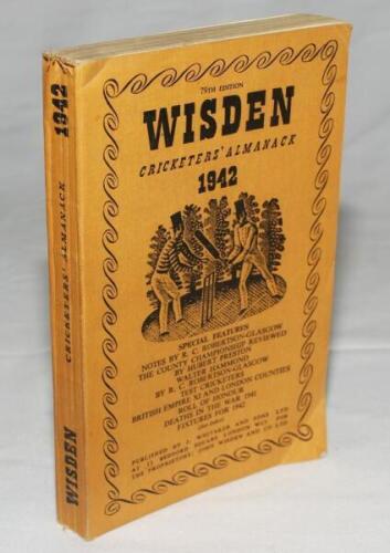 Wisden Cricketers' Almanack 1942. 79th edition. Original limp cloth covers. Only 4100 paper copies printed in this war year. Odd minor faults otherwise in good/very good condition. Rare war-time edition - cricket