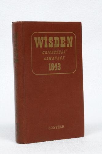 Wisden Cricketers' Almanack 1943. 80th edition. Original hardback. Only 1400 hardback copies were printed in this war year. Some dulling to gilt titles on the spine otherwise in very good condition. Rare wartime edition - cricket
