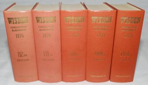 Wisden Cricketers' Almanack 1971 to 1975. Original hardback editions, lacking dustwrappers. Very good condition. Qty 5 - cricket