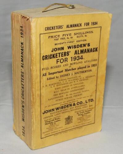 Wisden Cricketers' Almanack 1934. 71st edition. Original paper wrappers. Minor wear, small loss to spine paper, small corner loss to rear wrapper otherwise in good+ condition - cricket