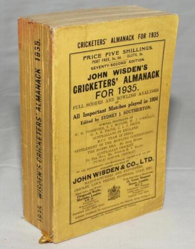 Wisden Cricketers' Almanack 1935. 72nd edition. Original paper wrappers. Minor wear, minor staining to top of spine paper, handwritten name of ownership to inside front wrapper otherwise in good+ condition - cricket