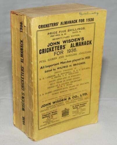 Wisden Cricketers' Almanack 1936. 73rd edition. Original paper wrappers. Minor wear, minor staining to top of spine paper, handwritten name of ownership to top border of front wrapper, minor loss to spine paper otherwise in good+ condition - cricket