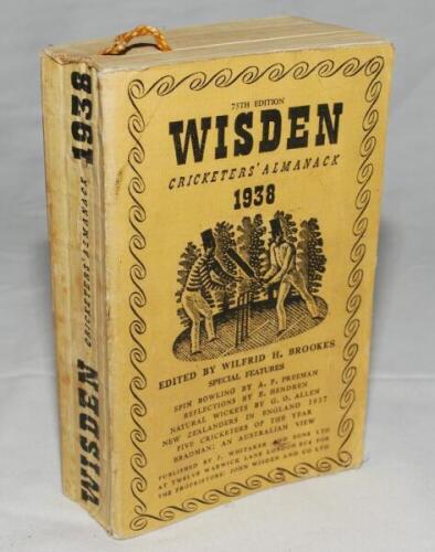Wisden Cricketers' Almanack 1938. 75th edition. Original cloth covers. Some bowing to spine otherwise in good condition - cricket