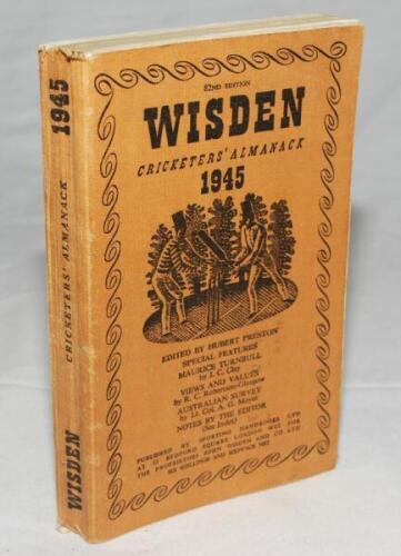 Wisden Cricketers' Almanack 1945. 82nd Edition. Original limp cloth covers. Only 6500 paper copies printed in this war year. Broken front internal hinge otherwise in good/very good condition. Rare war-time edition - cricket