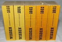 Wisden Cricketers' Almanack 1951 to 1955. Original limp cloth covers. Minor faults to odd edition otherwise in good/very good condition. Qty 5 - cricket