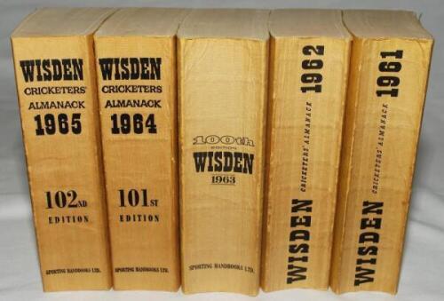 Wisden Cricketers' Almanack 1961 to 1965. Original limp cloth covers. Odd faults, some bowing to spines, to a greater or lesser degree, light age toning to the spine papers otherwise in generally good/very good condition. Qty 5 - cricket