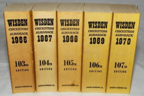 Wisden Cricketers' Almanack 1966 to 1970. Original limp cloth covers. Odd faults, very minor bowing to odd spine otherwise in good/very good condition. Qty 5 - cricket