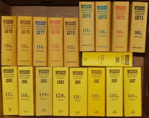 Wisden Cricketers' Almanack 1971 to 2019. Original limp cloth covers. Odd faults, minor bowing to odd spine, some light fading to the spines of the 2003 and 2004 editions otherwise in overall good/very good condition. Qty 49. Sold with two Wisden Antholog