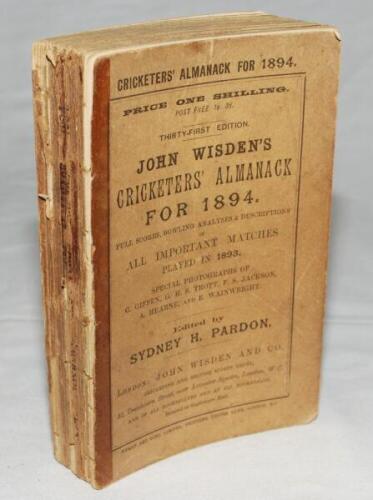 Wisden Cricketers' Almanack 1894. 31st edition. Original paper wrappers. Breaking to book block, front wrapper cleanly detached, total loss of spine paper, old tape mark to front wrapper edge otherwise in good condition - cricket