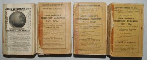 Wisden Cricketers' Almanack 1903, 1907, 1909 and 1914. 40th, 44th, 46th &amp; 51st editions. Some original paper wrappers. All editions with wear and major faults. The 1903 edition lacking front wrapper and first three advertising pages and broken book b