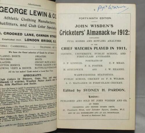 Wisden Cricketers' Almanack 1912. 49th edition. Bound in green half calf leather, gilt spine dated and numbered 'Vol. 24', lacking original wrappers, marbled end papers and page edges. Advertising pages included. Some wear to boards and spine otherwise in