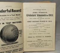 Wisden Cricketers' Almanack 1915. 52nd edition. Bound in green boards, lacking original paper wrappers, gilt titles to spine. Book complete but a little tired, some breaking to book block otherwise in good condition - cricket