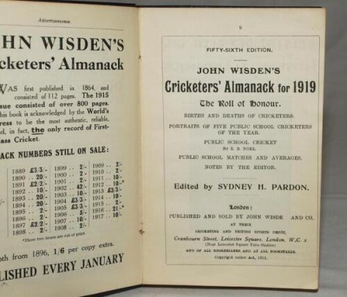 Wisden Cricketers' Almanack 1919. 56th edition. Bound in blue boards, lacking original paper wrappers, gilt titles to front board and spine, blue speckled edges. Some browning to page edges, odd minor faults otherwise in good condition. Rare war-time edit