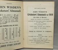 Wisden Cricketers' Almanack 1919. 56th edition. Bound in blue boards, lacking original paper wrappers, gilt titles to front board and spine, blue speckled edges. Some browning to page edges, odd minor faults otherwise in good condition. Rare war-time edit