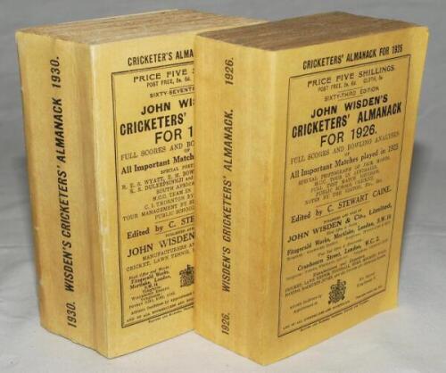Wisden Cricketers' Almanack 1926, 1927, 1929 and 1930. 63rd, 64th, 66th &amp; 67th editions. All lacking original paper wrappers and spine papers. The 1926 and 1930 editions have facsimile wrappers and spines, original rear wrapper to the 1926 edition. Th