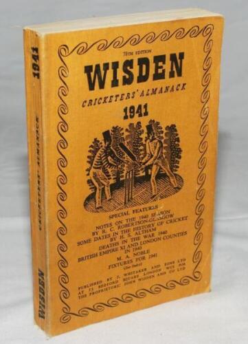 Wisden Cricketers' Almanack 1941. 78th edition. Original limp cloth covers. Only 3200 paper copies printed in this war year. Slight wear and slight breaking to front internal hinge, some light soiling to page block edge otherwise in good/very good conditi