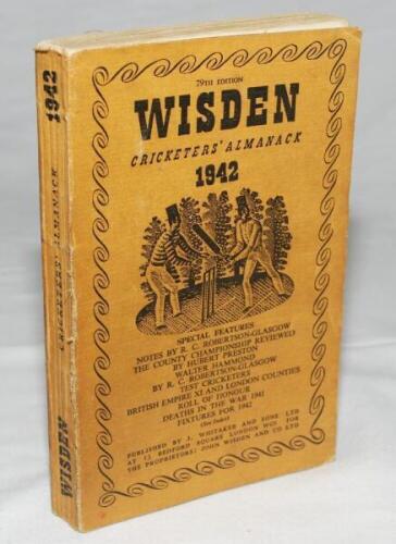 Wisden Cricketers' Almanack 1942. 79th edition. Original limp cloth covers. Only 4100 paper copies printed in this war year. Some breaking to the front internal hinge, wear to the spine edge where it meets the front wrapper, some soiling and staining to p